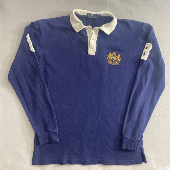 Vintage Polo Ralph Lauren Rugby Shirt Mens L Long Sleeve Blue #8 Crest Flaw* - Picture 1 of 14
